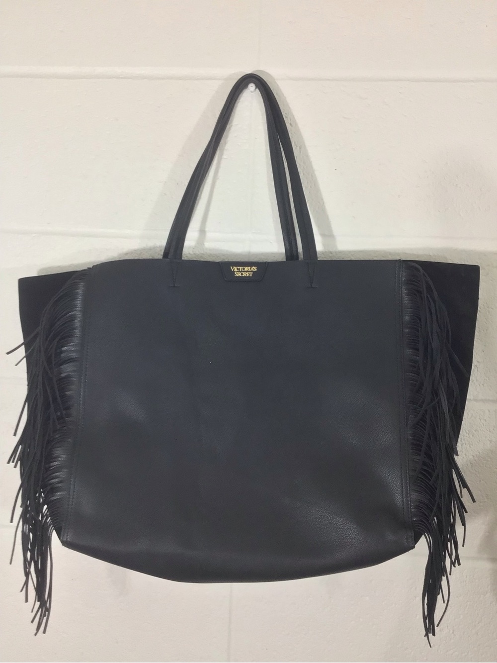 Vintage Victoria's Secret Black Fringe Velvet Large Boho Vegan Leather Tote